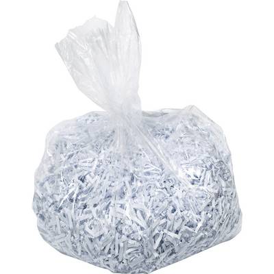 A transparent plastic bag filled with shredded paper.