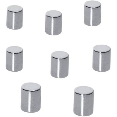 Seven silver, cylindrical magnets on a white background, arranged symmetrically.