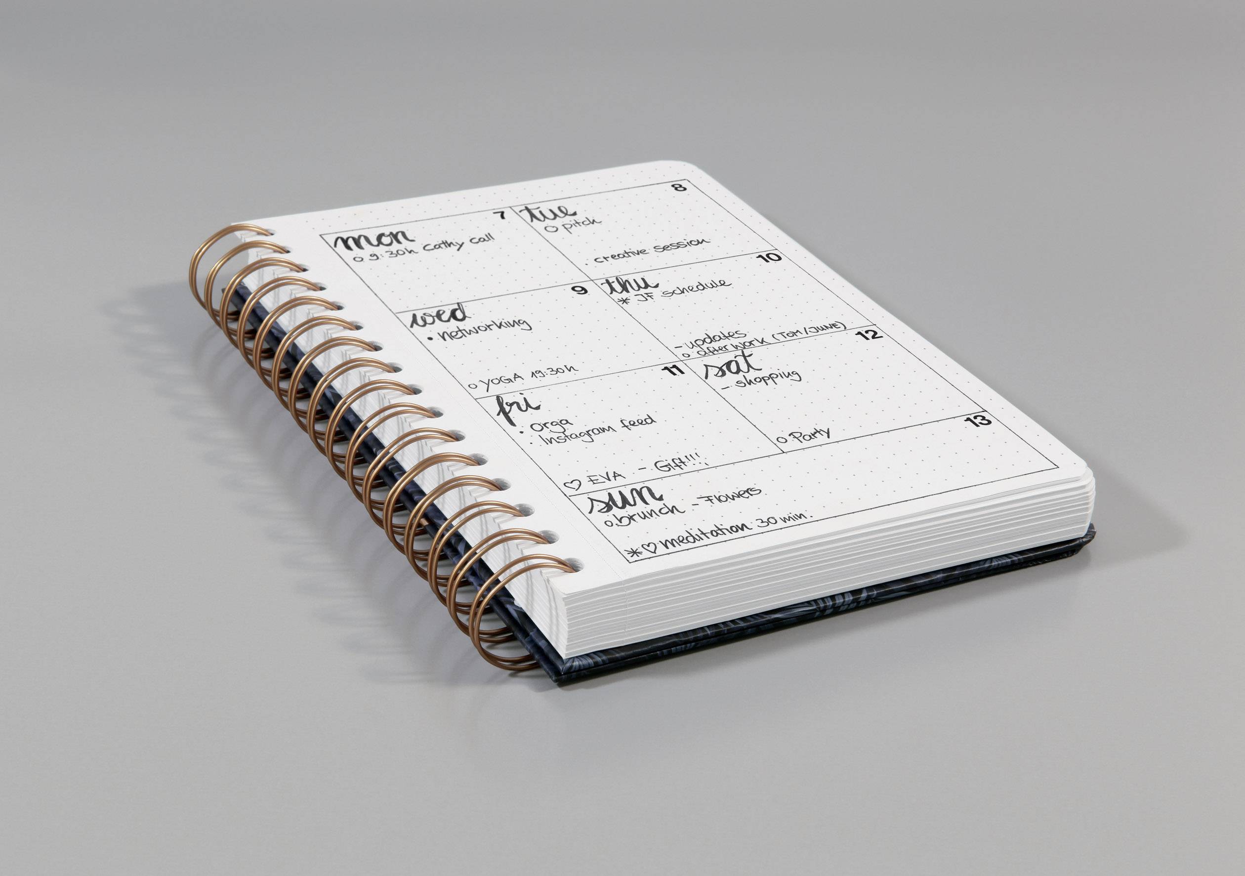 An open, spiral-bound weekly planner shows handwritten appointments and notes for the week.