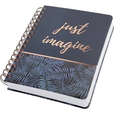 Notebook with a blue cover and golden spiral binding. On the cover, in gold lettering: 'just imagine', beneath which is a tropical plant pattern.