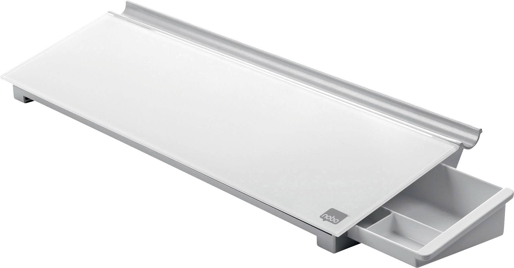 Plastic desk pad in white with raised border and small pen drawer on the right side.