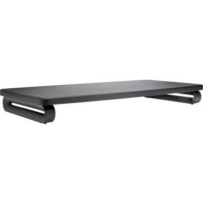 A black metal monitor stand with a modern design, perfect for elevating a computer monitor on a desk.