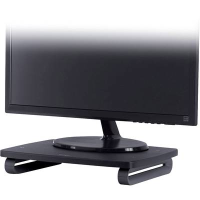 A black computer monitor stands on an adjustable monitor stand, positioned on a desk.