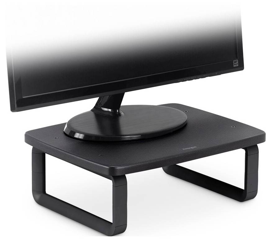 A computer monitor on a black stand. The stand elevates the monitor and improves workplace ergonomics.