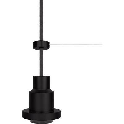 A black pendant light with minimalist design, hanging from a cable.