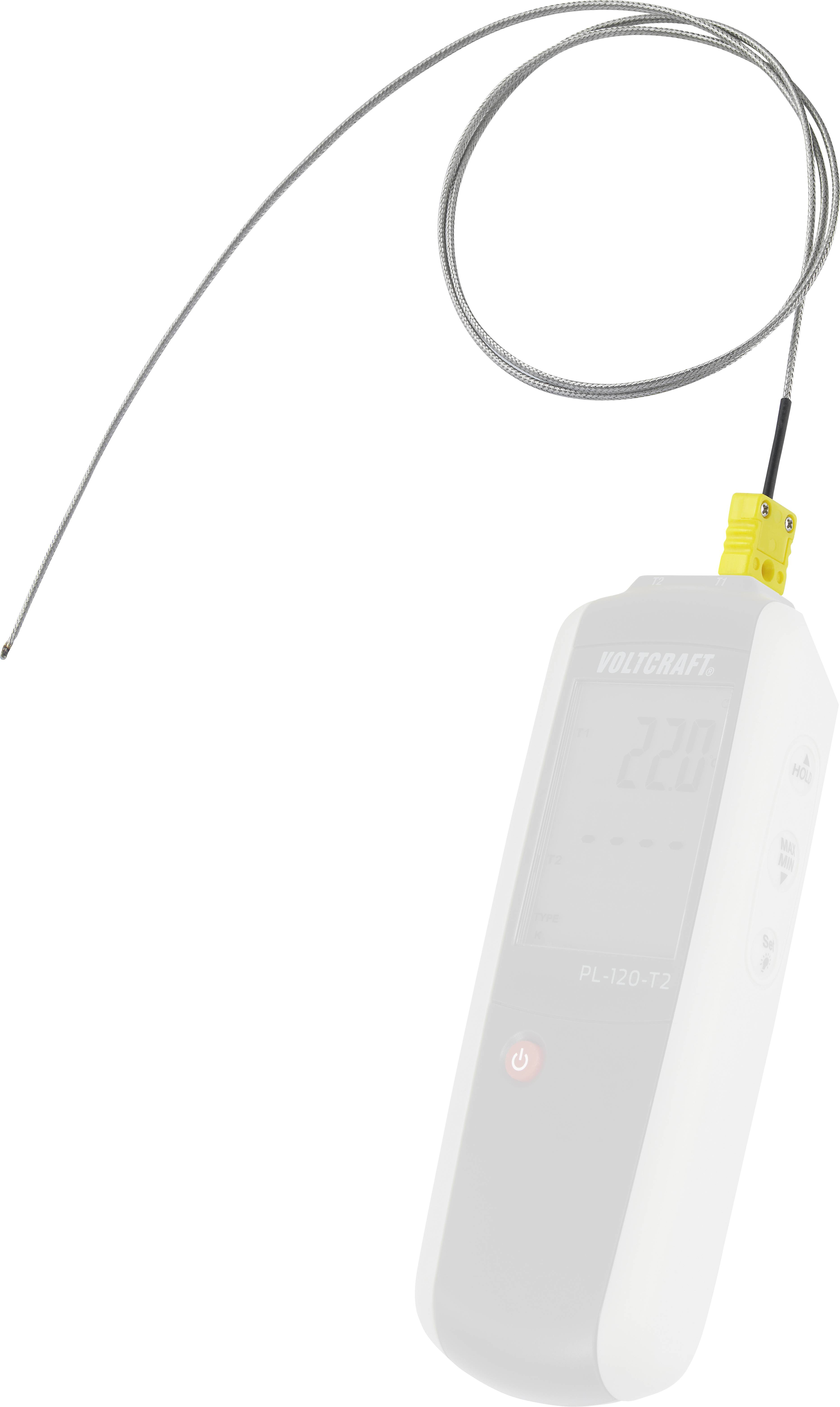A temperature measuring device with a flexible wire probe. Partially legible numbers are visible on the display.