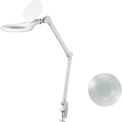 A white LED magnifying lamp with an adjustable arm and clamp for mounting, alongside a close-up view of the lens.