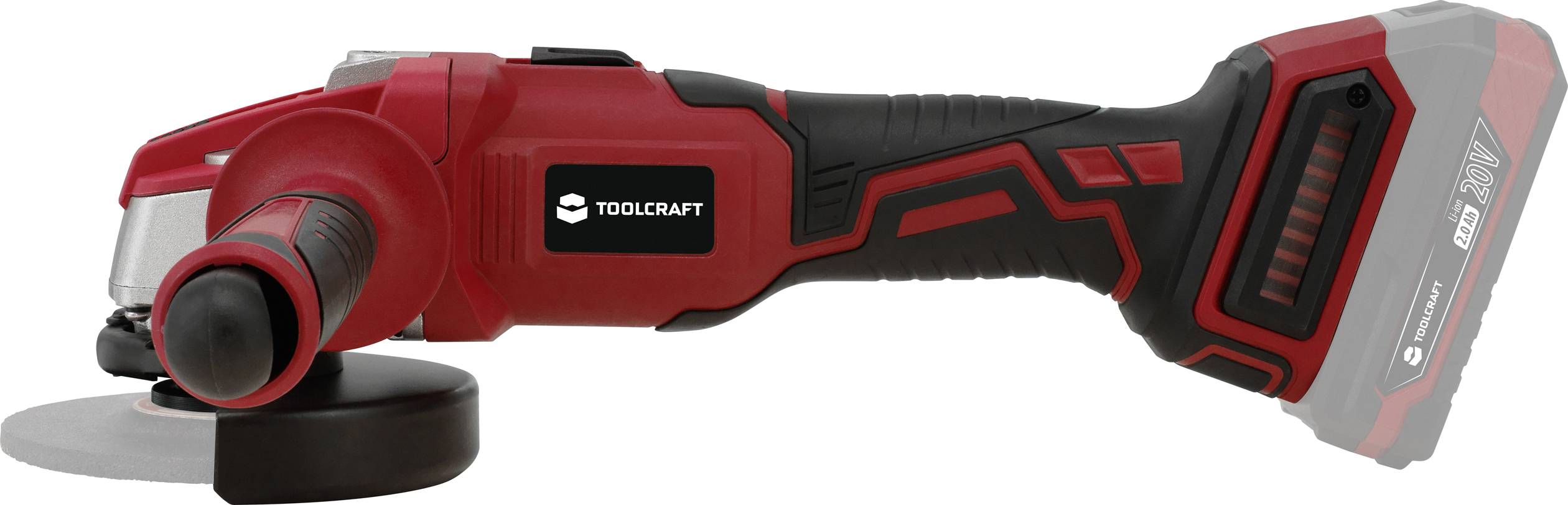 A battery-powered angle grinder in black and red. The device has an ergonomic handle and is marked as cordless.