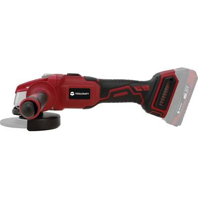 A battery-powered angle grinder in black and red. The device has an ergonomic handle and is marked as cordless.