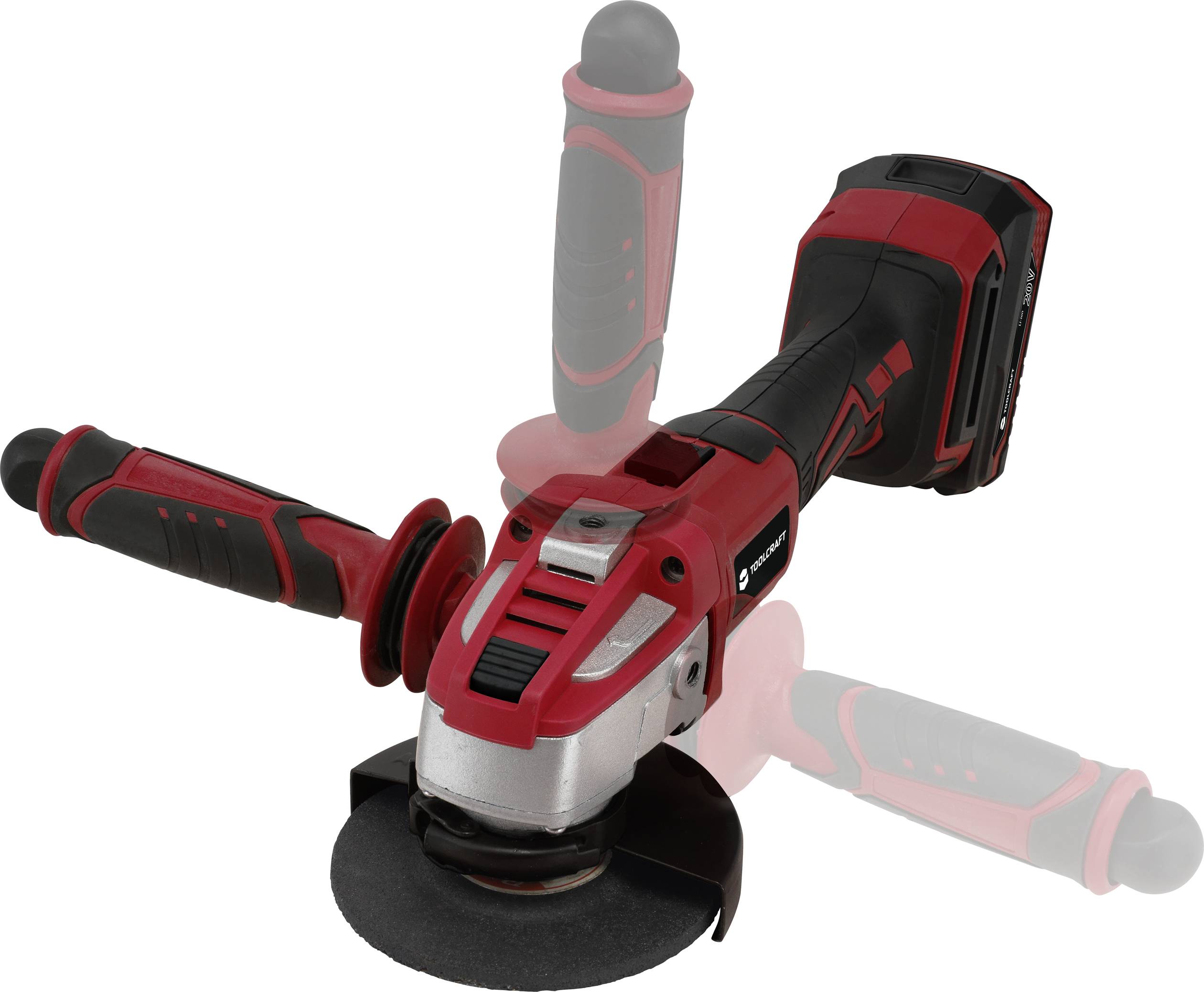 A red, battery-powered angle grinder with two handles, used for grinding and cutting work.