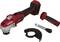 Red and black cordless angle grinder with removable handle, protective cover, and tension wrench, suitable for DIY tasks.