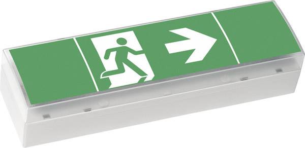 'Emergency exit sign with pictogram of a running person and arrow pointing right, on a green background.'
