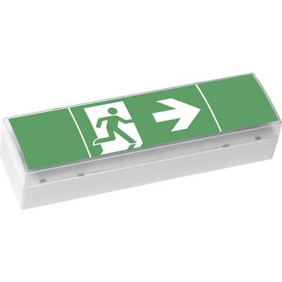'Emergency exit sign with pictogram of a running person and arrow pointing right, on a green background.'