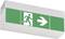 Green emergency exit sign with a pictogram of a running person and an arrow pointing right, indicating the escape route.