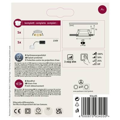 'Complete Set: 1x LED recessed light, splash-proof, glare-free, dimmable in 3 stages, including installation instructions and screws.'