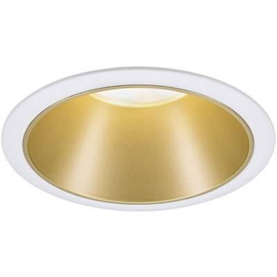 Round ceiling light with gold-coloured inner reflector and white frame, which illuminates downwards.