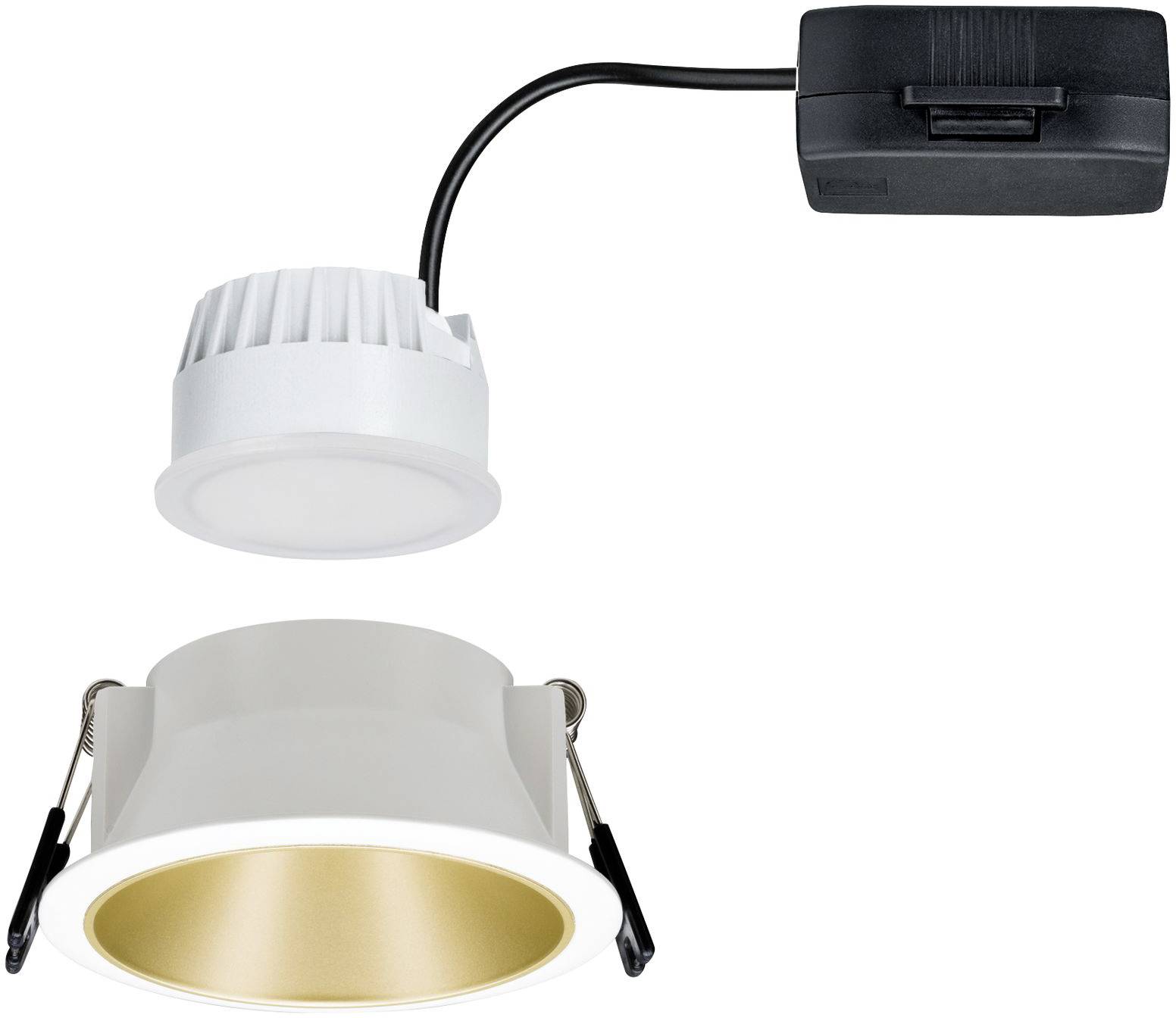 A LED ceiling recessed spotlight with a round housing in white and gold. The spotlight is connected to a rectangular, black transformer.