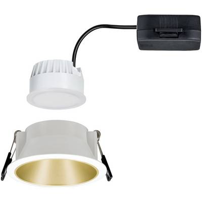 A LED ceiling recessed spotlight with a round housing in white and gold. The spotlight is connected to a rectangular, black transformer.