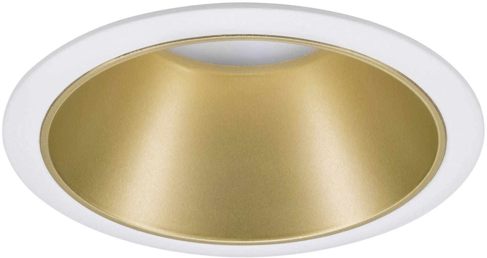 Gold-coloured, conical recessed light with white trim.