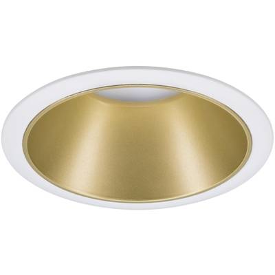 Gold-coloured, conical recessed light with white trim.
