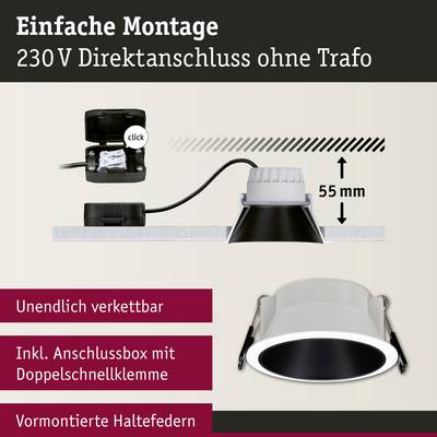 'Easy installation of light fitting: 230 V direct connection without transformer. Infinitely linkable, including connection box and pre-mounted mounting springs.'