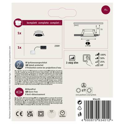 'Product packaging for an LED recessed spotlight. Includes product illustration, 230V connection, details about IP44 splash water protection and glare-free light. Energy efficiency symbols included.'