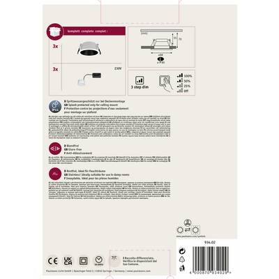 'Complete ceiling installation kit, including 3 dimmable LED lights. IP rated for use in damp environments. Compatible with 230V connection.'