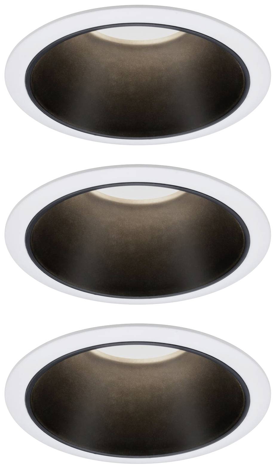 Three black, round, recessed ceiling lights in a white-framed housing, evenly arranged vertically.
