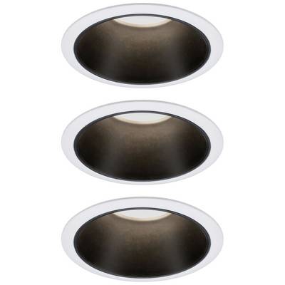 Three black, round, recessed ceiling lights in a white-framed housing, evenly arranged vertically.