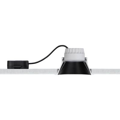 Downlight with cable and black reflector, mounted on a ceiling.