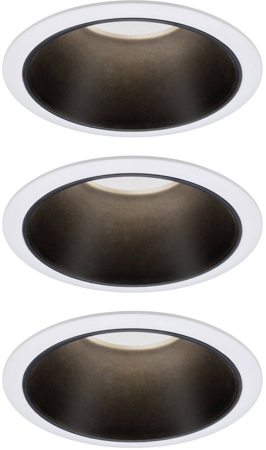 Three round, white ceiling lights arranged vertically against a white background.