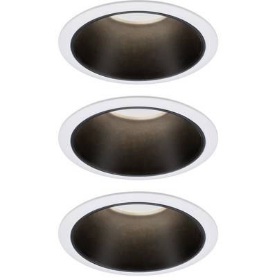 Three round, white ceiling lights arranged vertically against a white background.