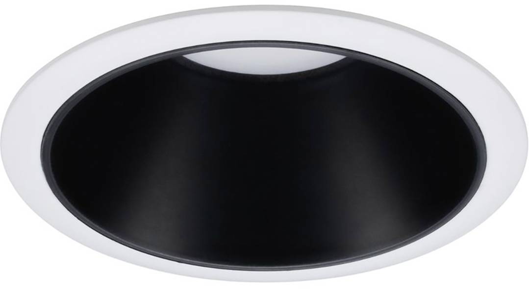 Round, black ceiling light with a white border, recessed into a smooth surface.