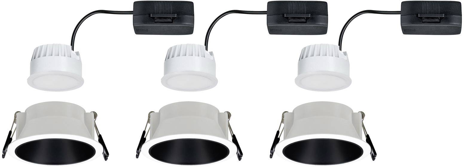'Three white recessed spotlights with black mounting trim. Drivers are connected via cables above. Suitable for ceiling mounting.'