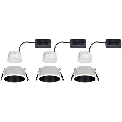 'Three white recessed spotlights with black mounting trim. Drivers are connected via cables above. Suitable for ceiling mounting.'