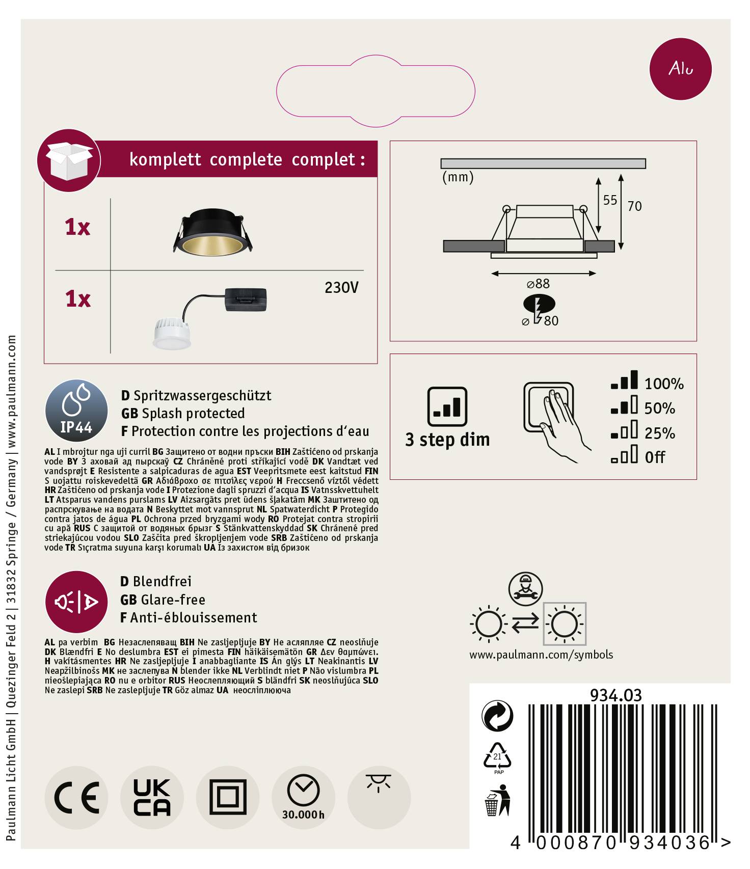 'Paulmann' luminaire packaging displays product details. The main feature is an LED ceiling light with splash-water protection and glare-free function, suitable for 230V.