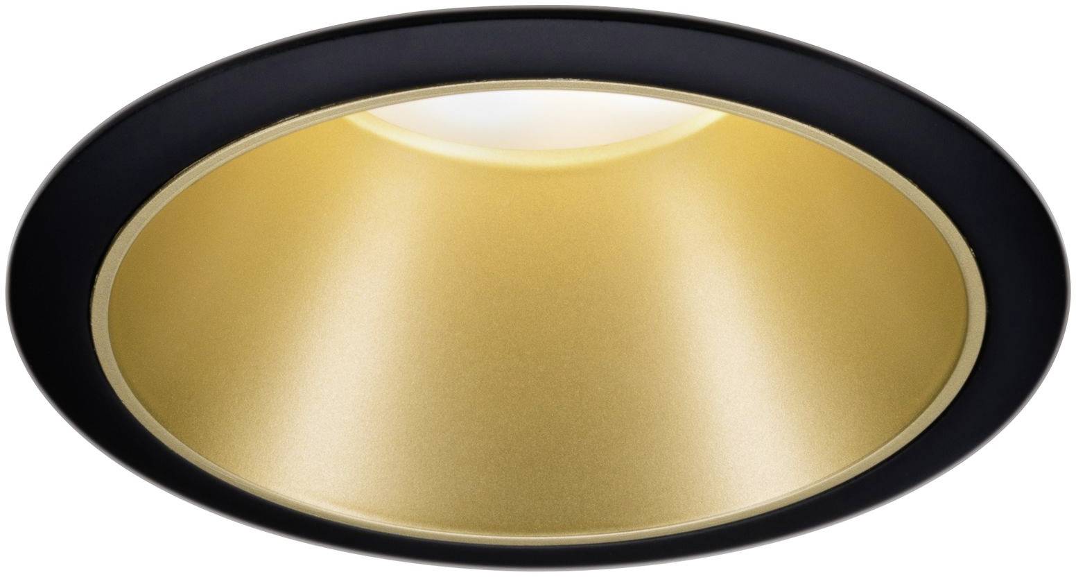 Recessed light fixture with a black border and golden interior, providing warm, directional downlight.