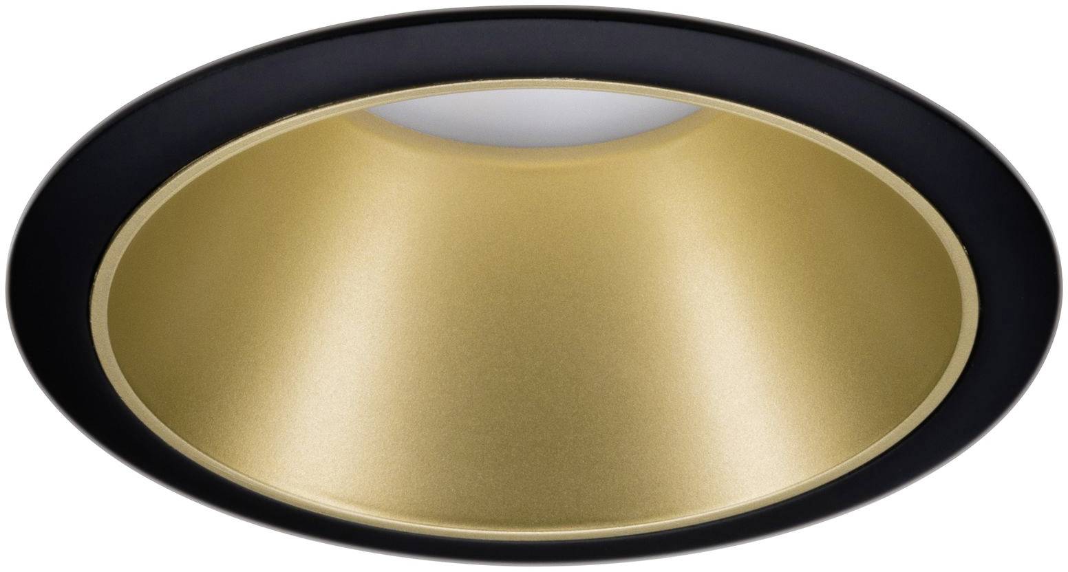 A recessed ceiling spotlight with a black outer edge and gold-coloured inner shell that radiates light.