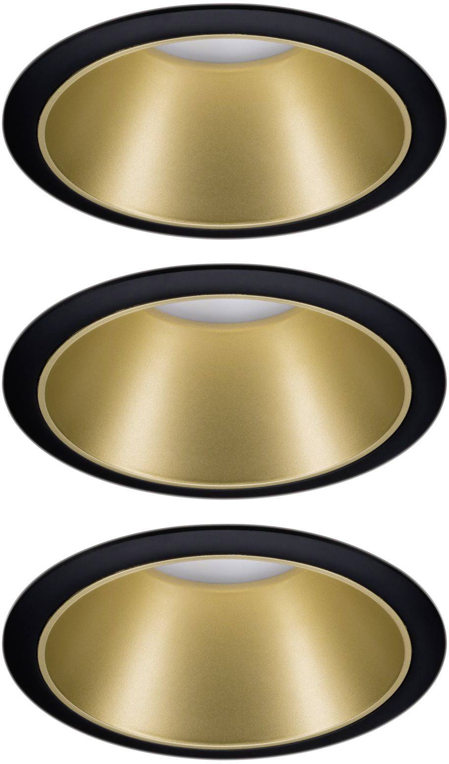 Three gold-coloured recessed ceiling spotlights with black trim, evenly arranged.