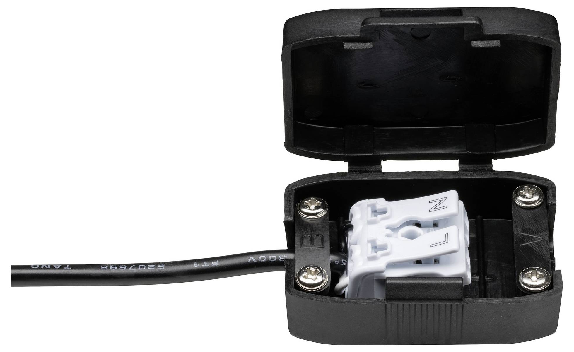 Open black cable connector with visible screws and connected cable, ready to join electrical lines.