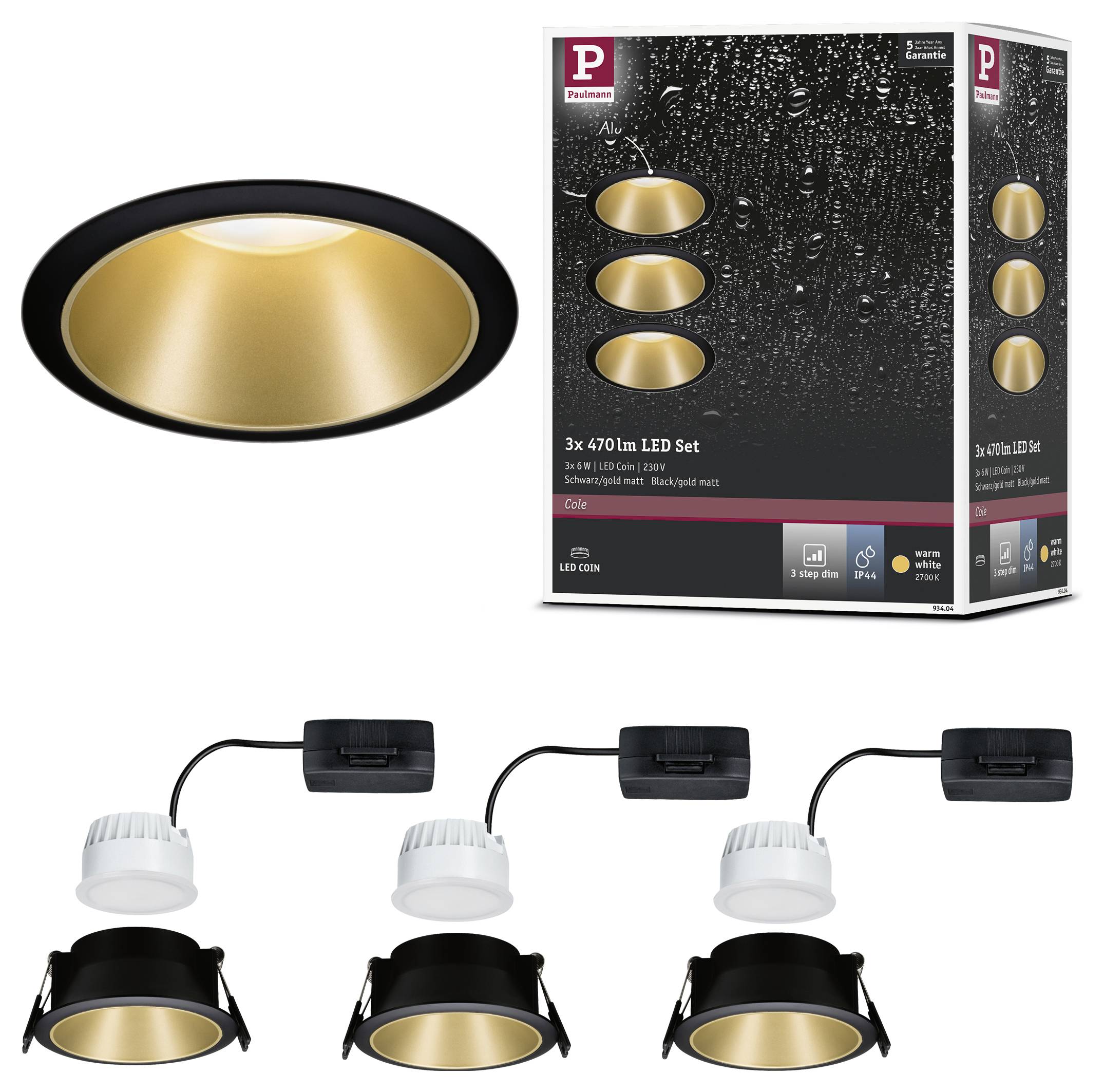 '3x 470 lm LED Set' by Paulmann, consisting of three black LED recessed spotlights with gold interior surfaces, packaged in a box. Ideal for damp rooms.