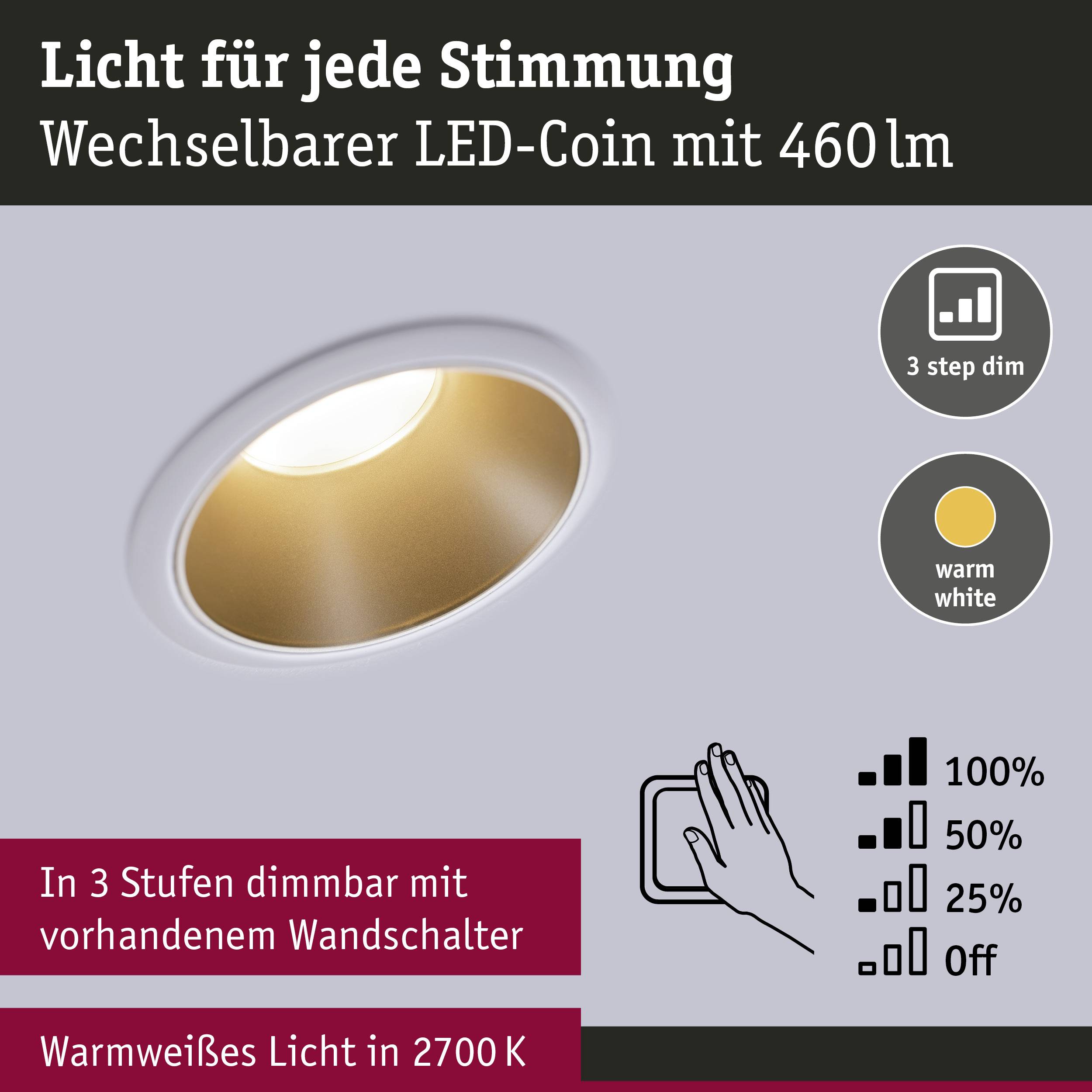 'Interchangeable LED coin with 460 lumens, warm white light at 2700 K, dimmable in 3 stages via wall switch. Options: 100%, 50%, 25%, Off.'