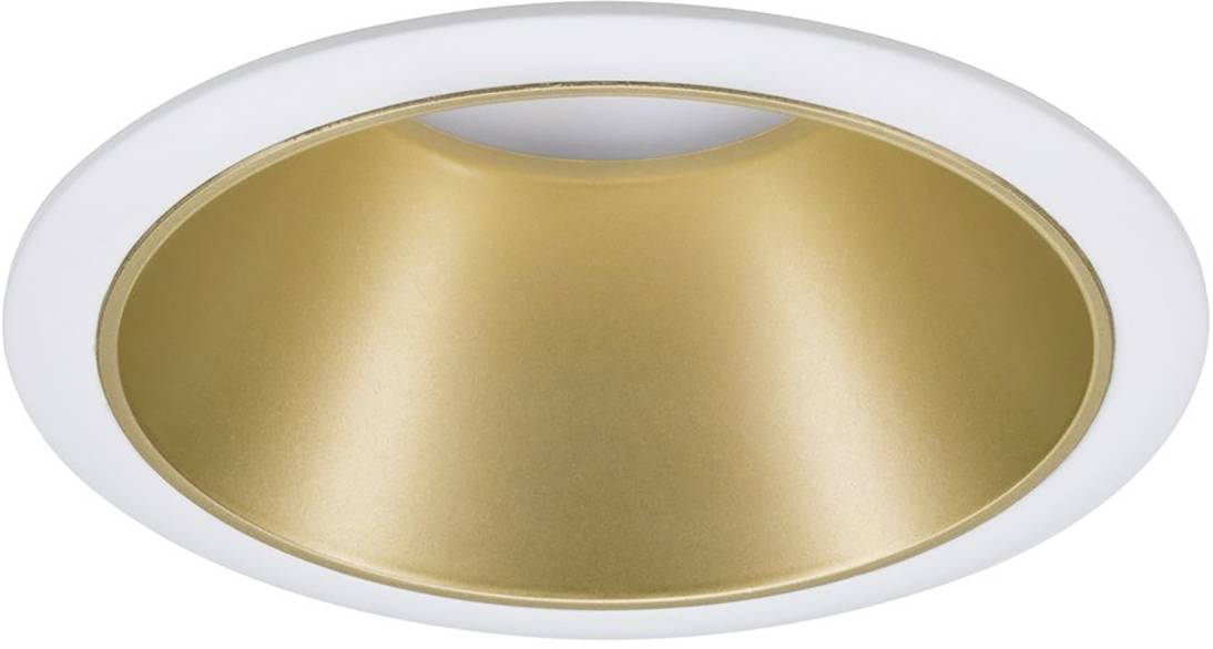 Recessed light fitting with a white frame and golden interior lining. It emits downward-directed light and is decorative.