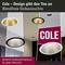 'Cole – Design sets the tone. Glare-free recessed luminaire.' Three modern, round recessed ceiling lights in different colours.