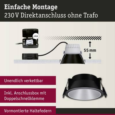 'LED spotlight with connection box, simple 230V direct connection without transformer, 55mm mounting depth, infinitely chainable.'