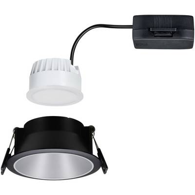 Recessed spotlight with a rounded, black housing and white light insert, connected to an external black adapter.