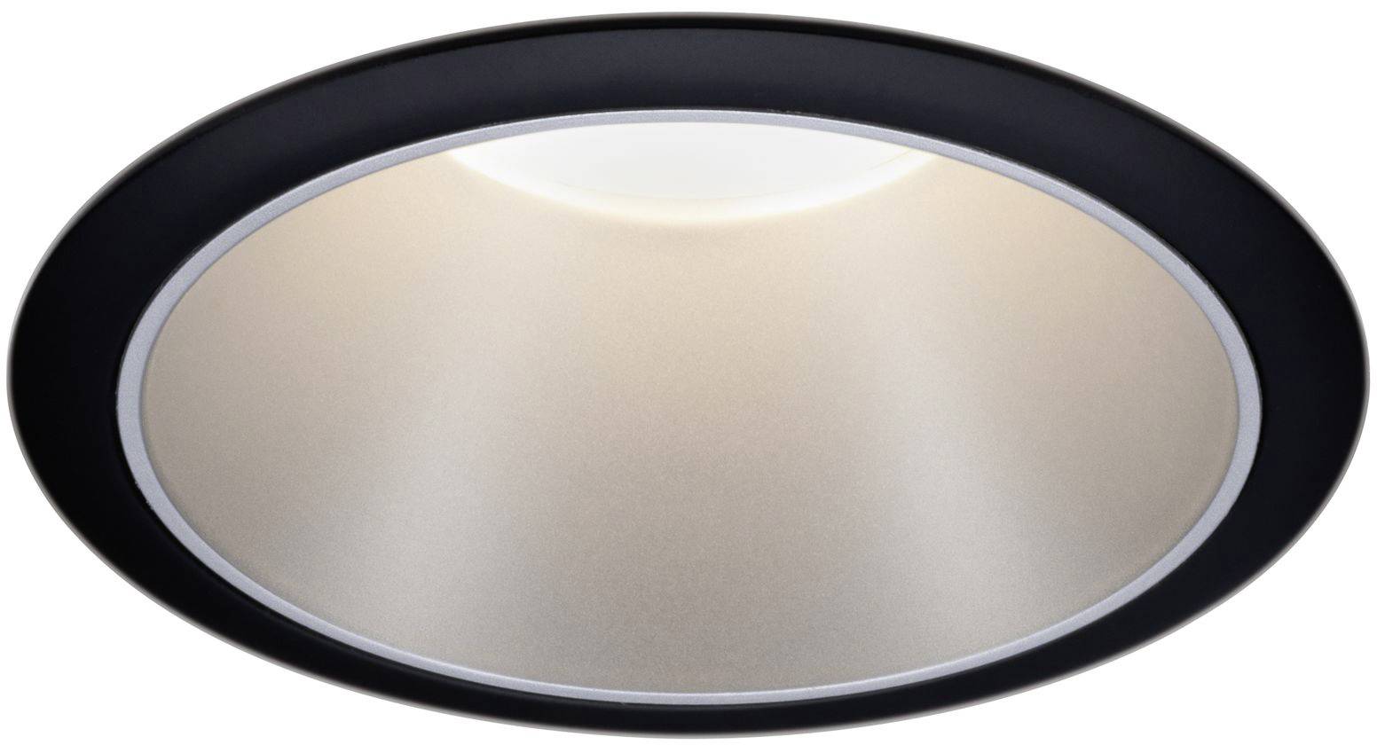 A round, black recessed light with diffused downward light emission.