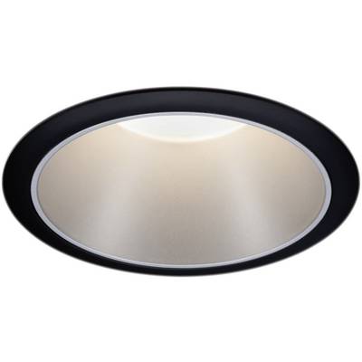 A round, black recessed light with diffused downward light emission.