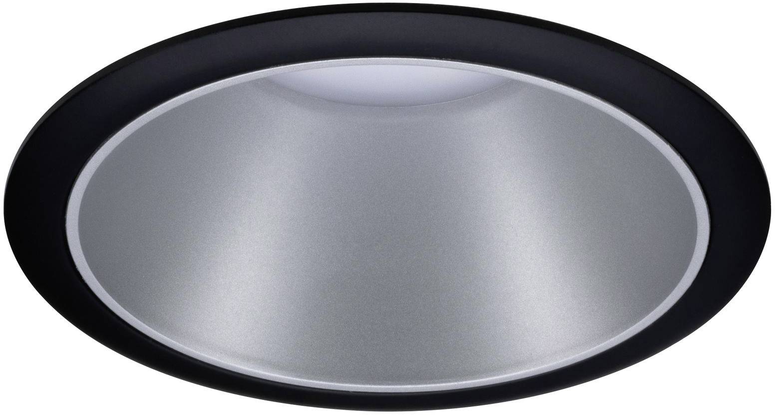Round ceiling light, silver with a black trim, suitable for a modern interior design.