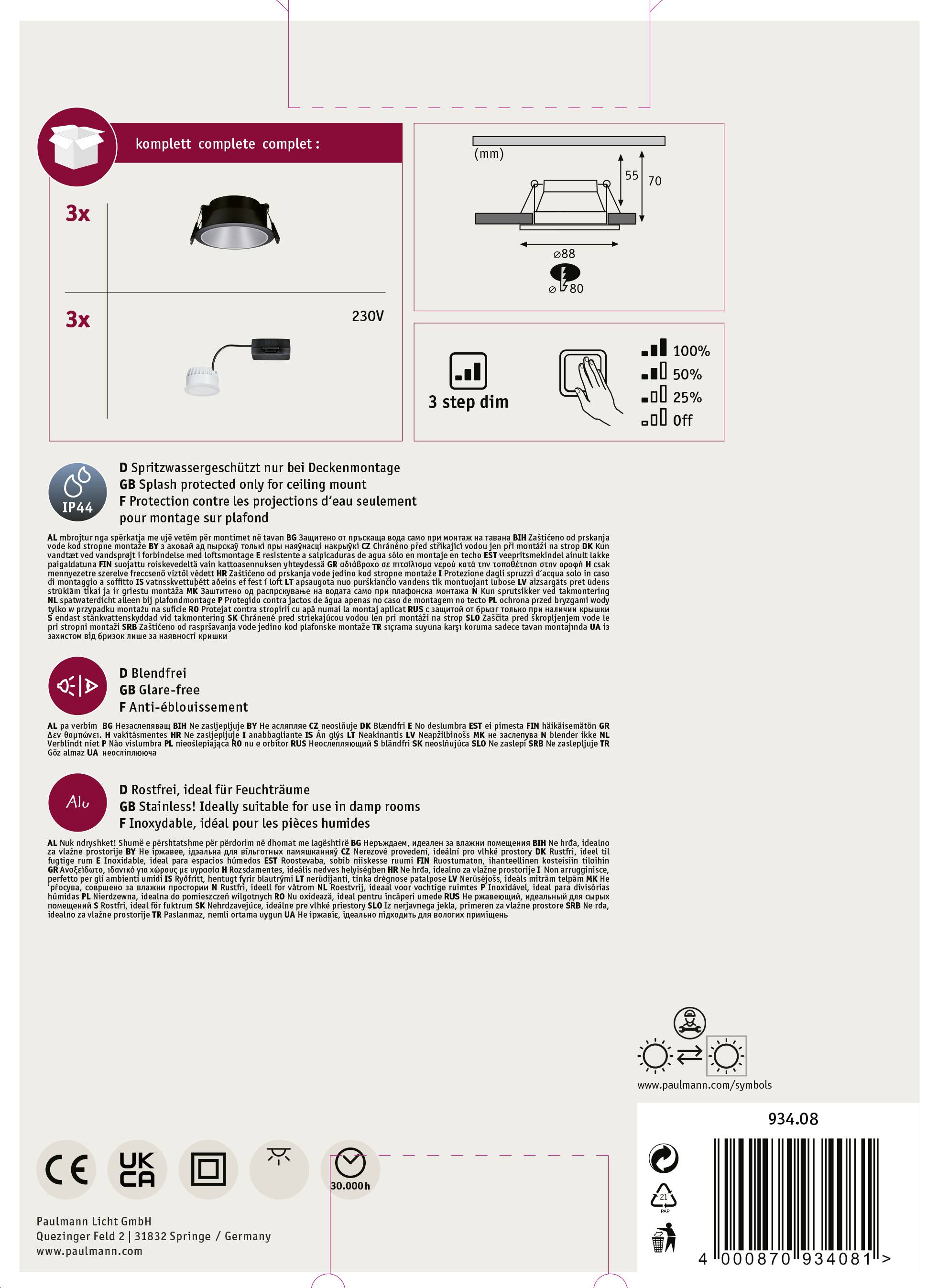 'Complete set' for a ceiling light, contains three units, dimmable in three stages. Suitable for dry areas, not suitable for damp environments.